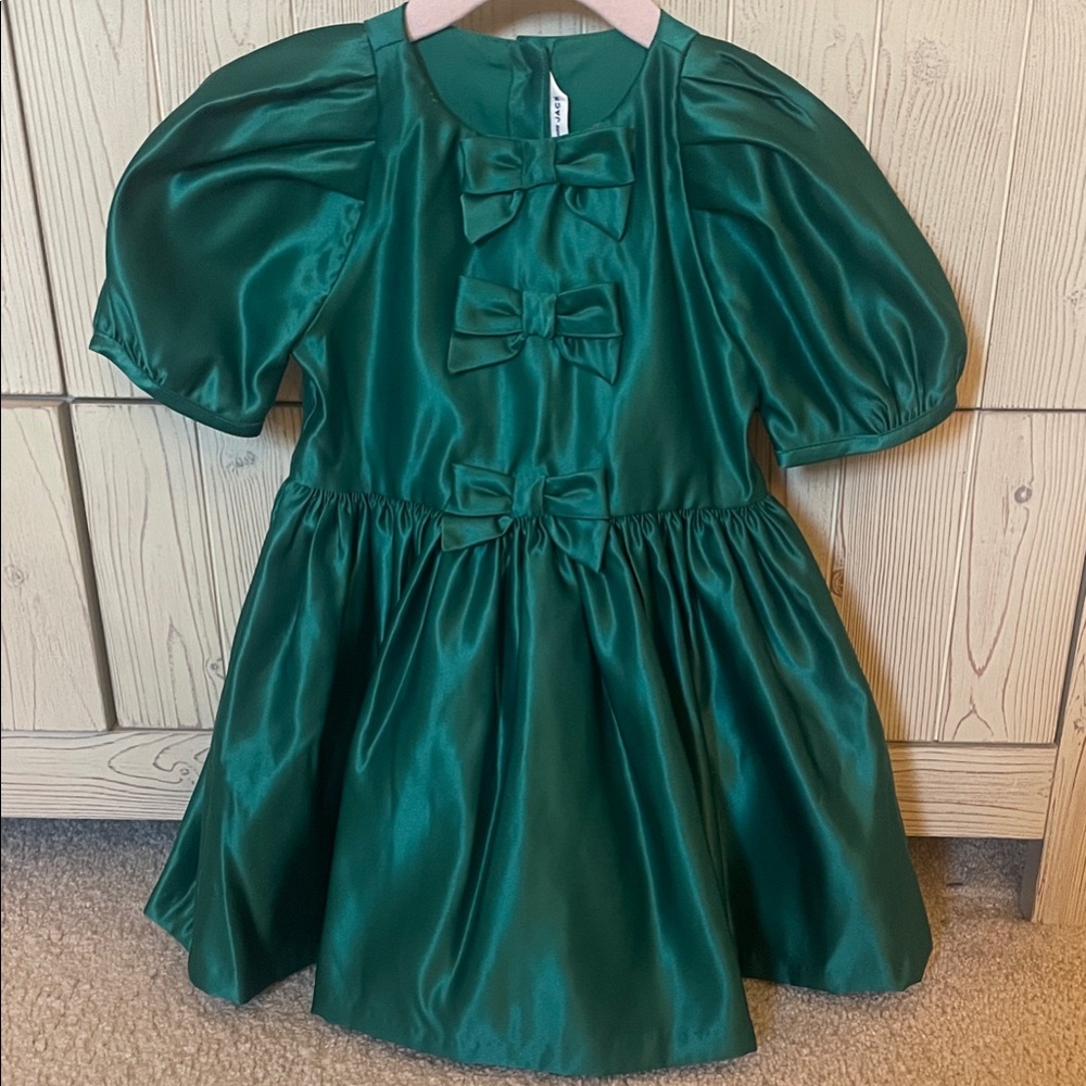 Janie and Jack size 4 Elegant Green Satin Holiday/ Christmas Dress with Bows